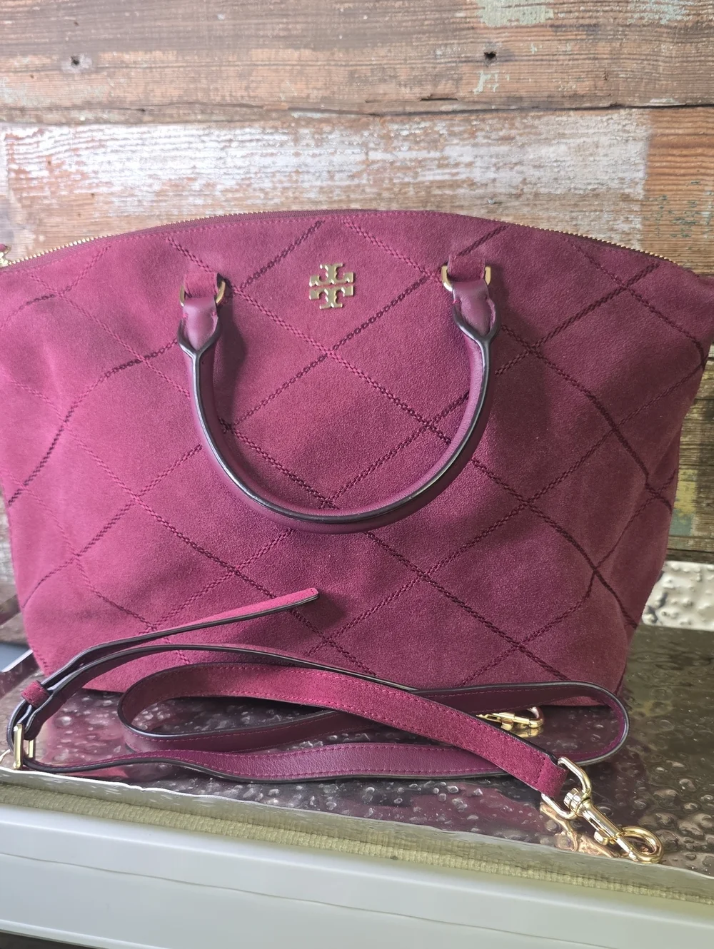 Tory Burch Frida Stitched Suede Satchel, EUC